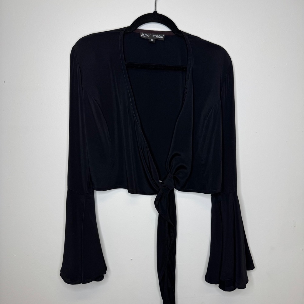 Vintage Y2K Betsey Johnson Black Bell Sleeve Tie Front Wrap Cropped Top Small